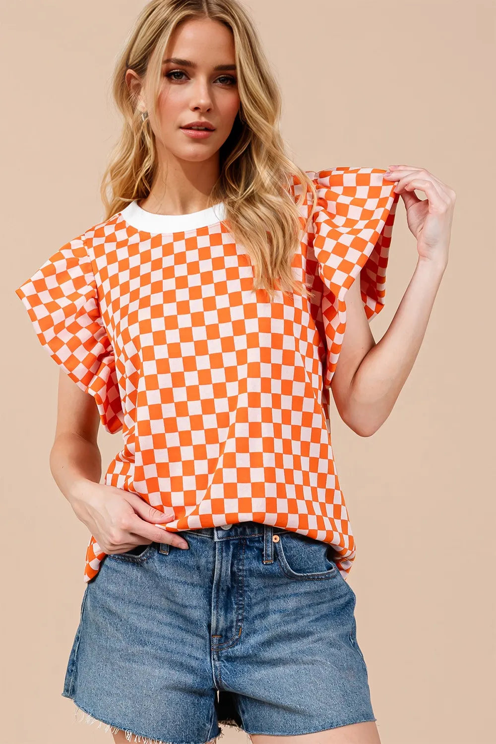 Oh Checkered Round Neck Puff Sleeve Blouse - Velora