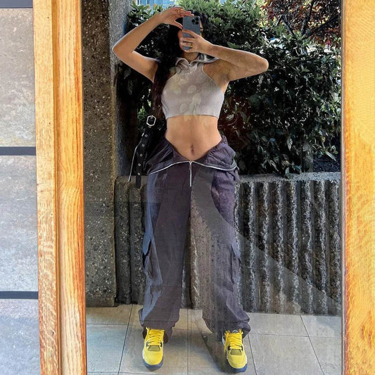 Solid Color High-waisted Zipper V Loose Straight Pocket Street fashion Cargo Pants Women - Velora