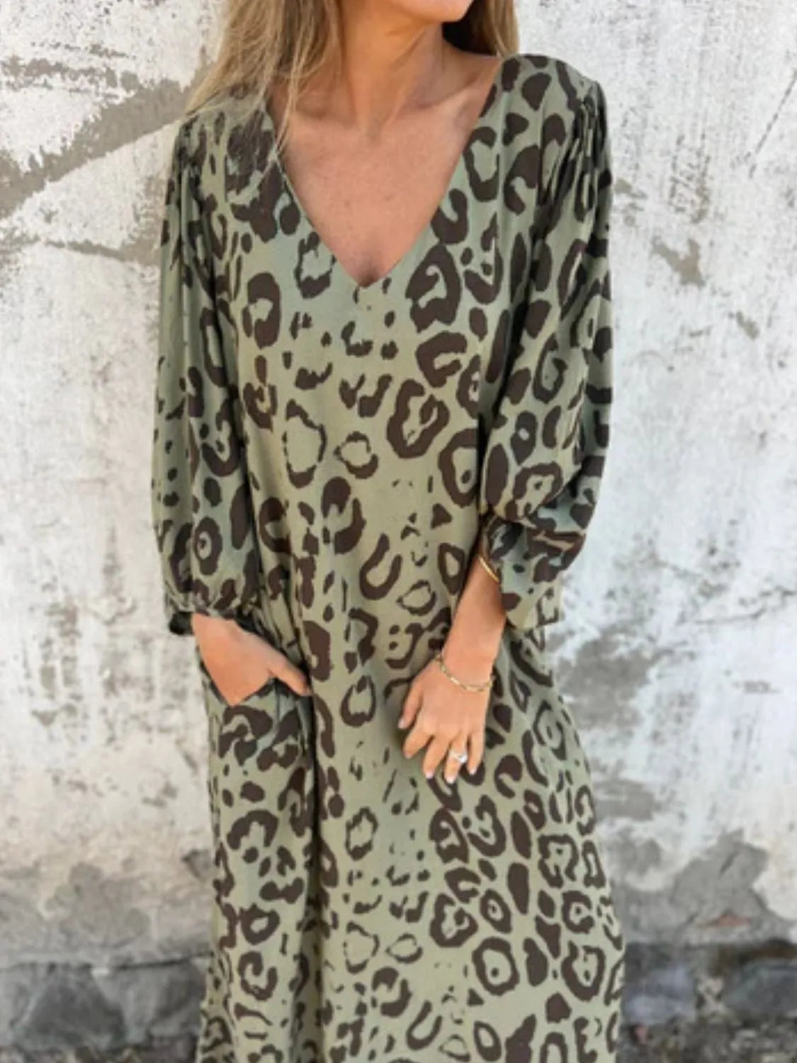 Full Size Printed V-Neck Dress with Pockets Plus Size - Velora