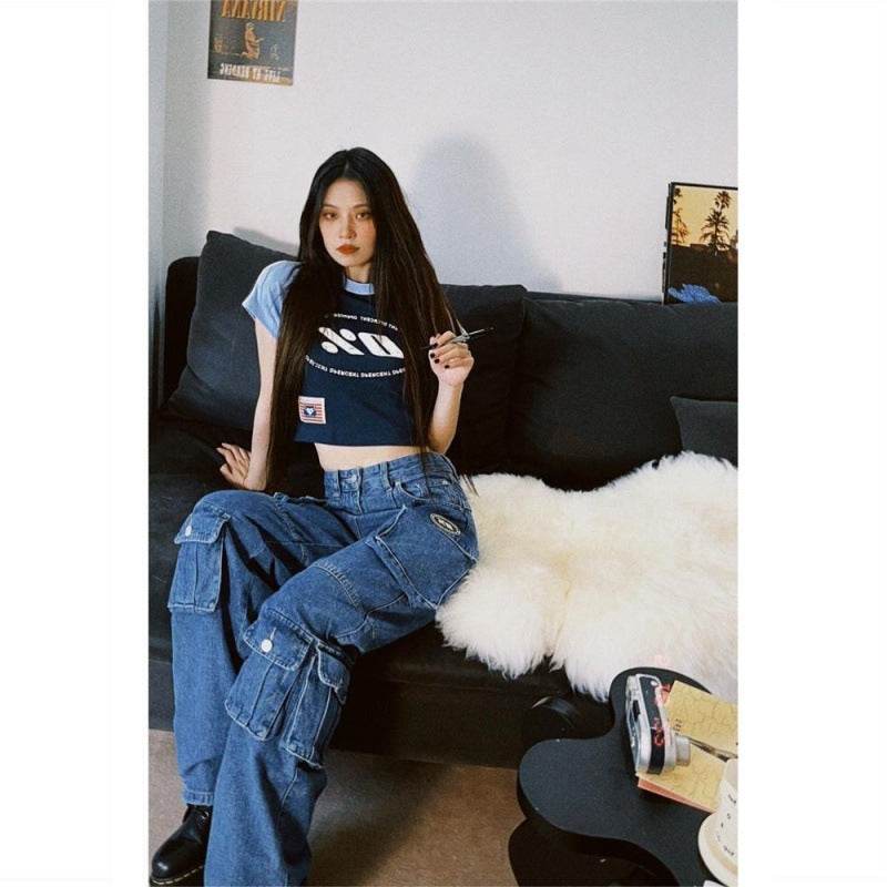 Blue Denim Pant Baggy Boyfriend Cargo Jeans for Women - Velora