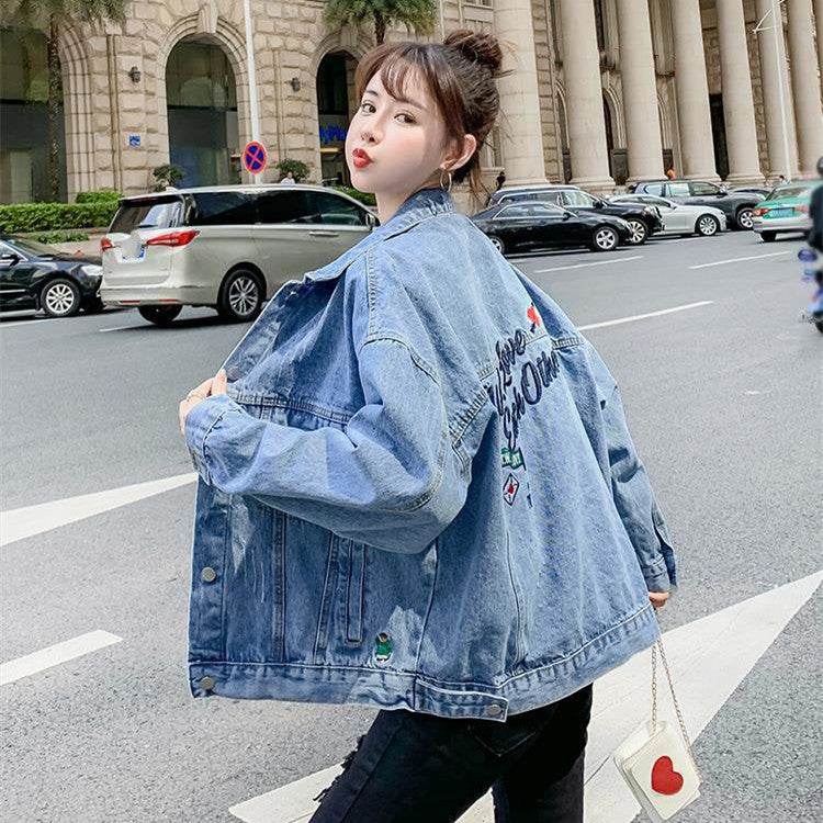 All-match Korean Style Loose Embroidered Denim Jacket Women - Velora