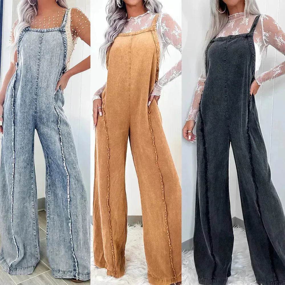 Retro Washed Raw Edge Denim Wide-leg Suspender Denim Jumpsuit Baggy Denim Jeans Jumper - Velora