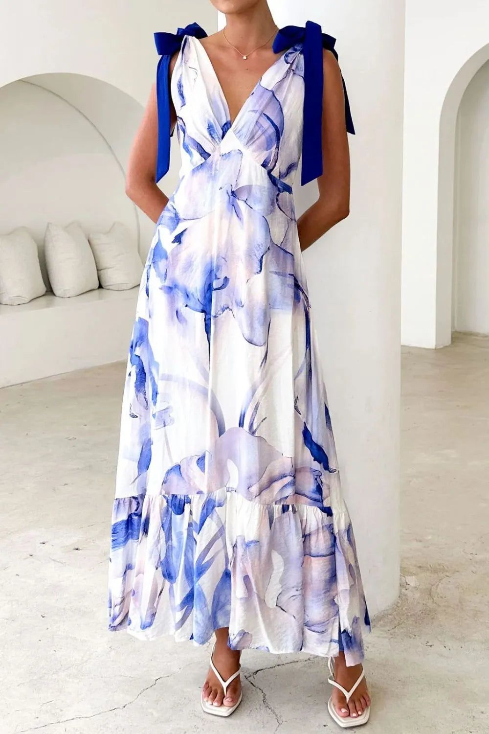 Printed V-Neck Tie Shoulder Midi Cami Dress - Velora