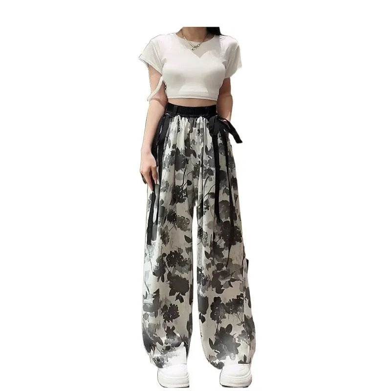 New Painting Ice Silk Wide-leg Baggy Trouser Pants Summer Women - Velora