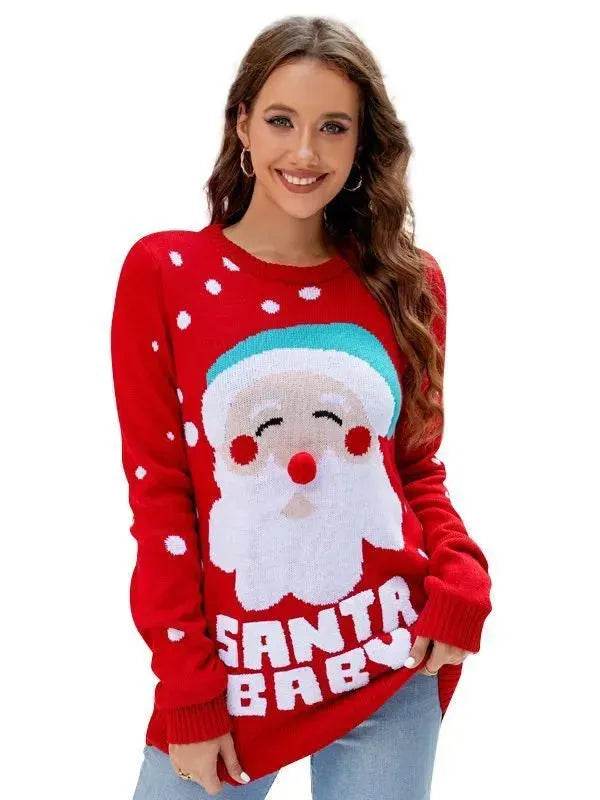 Women's Tops Santa Pullover Sweater Autumn And Winter Letter Embroidery Christmas Red Sweaters Long Sleeve Crew Neck Clothes - Velora