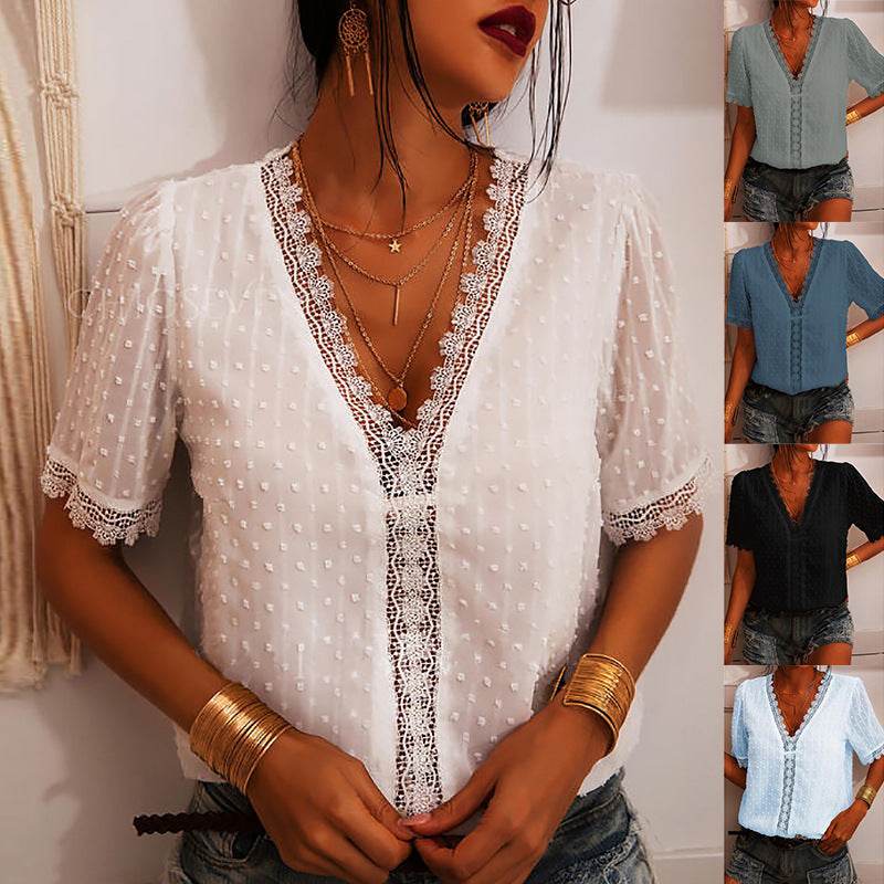 Women Chiffon blouse top European And American spring summer Embroidered Lace Short-Sleeved Blouse Women - Velora