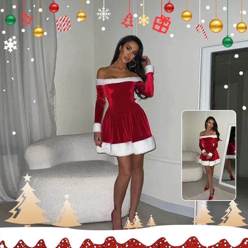 Women's Christmas Costume Santa Dress Plush Trim Boat-Neck Off-Shoulder Sleeve Dress New Year Party Cosplay Costume - Velora