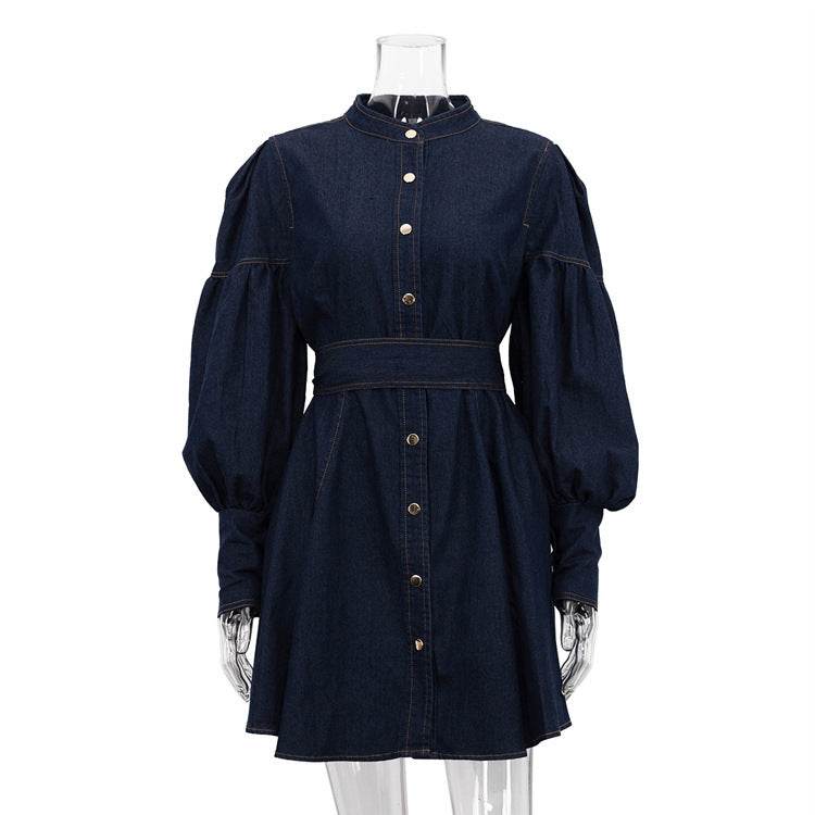 Classy Fashion Lantern Sleeve Button down Denim Shirt flared Mini Dress - Velora