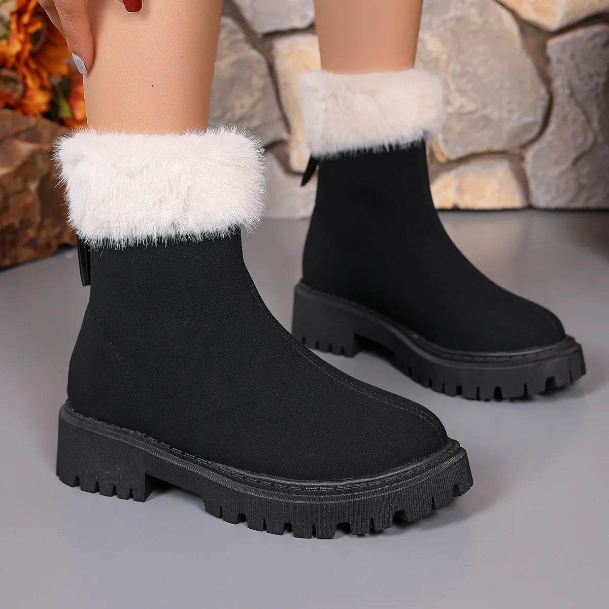 Square-heeled Snow Boots Winter Plus Velvet Platform Plush Shoes Fashion Warm Non-slip Mid-calf Boot For Women - Velora
