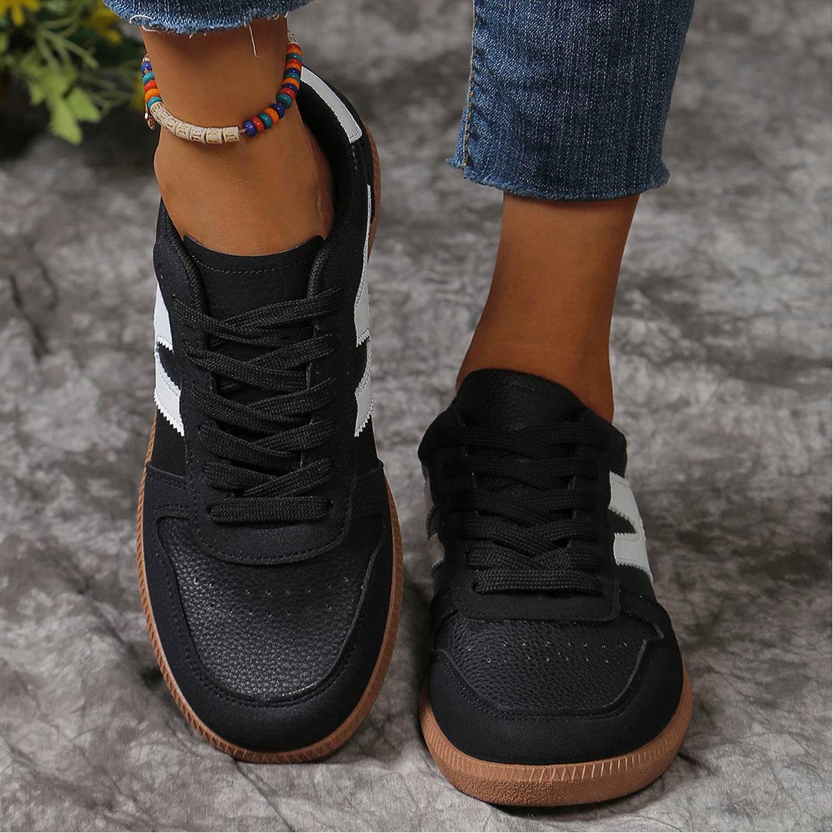 New Colorblock Lace-up Flats Shoes Fashion Round Toe Slip On Casual Shoes For Women - Velora