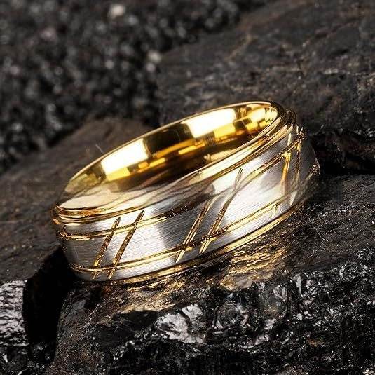 Men's Yellow Gold 8mm Simple Design Polished Twill Tungsten Ring - Velora