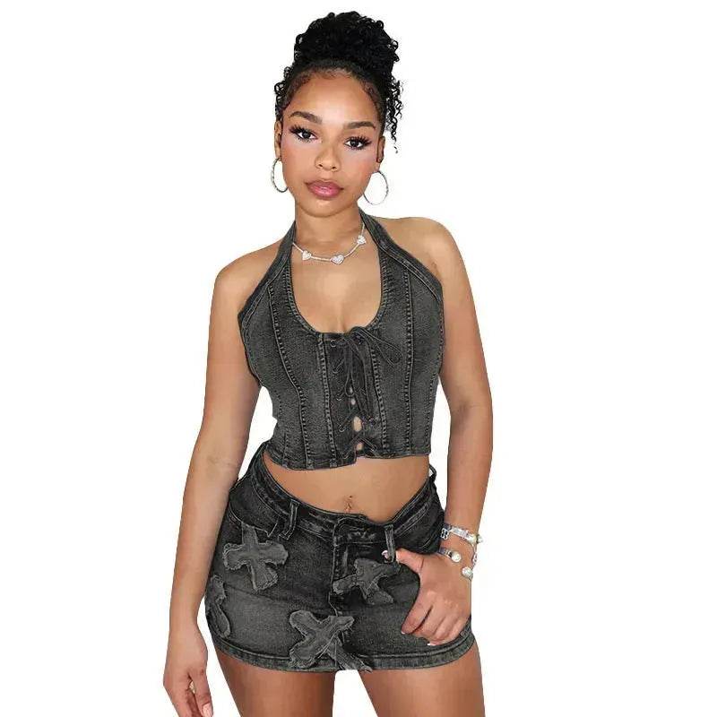 Chic Denim 2 piece Denim Skirt set Jean 2 piece set for Women Sleeveless crop top and Skirt - Velora