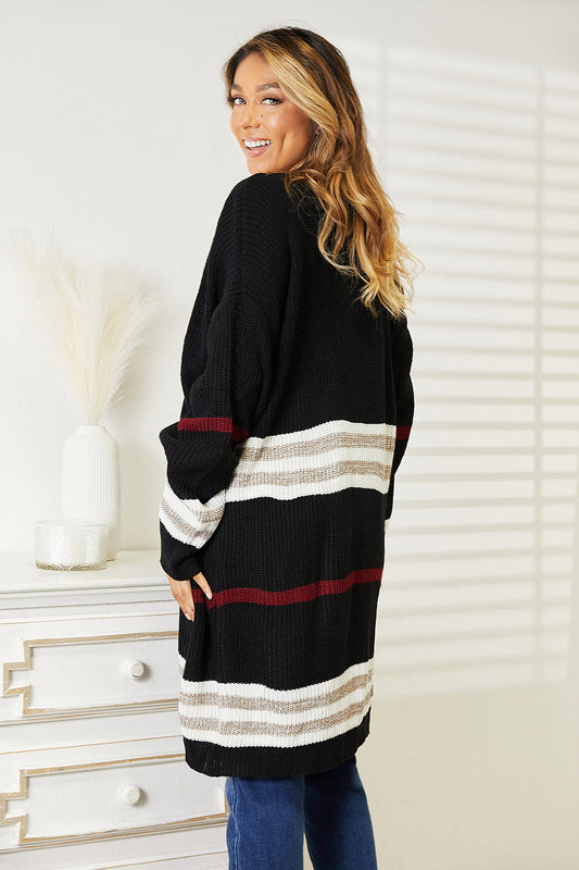 Perfee Striped Rib-Knit Drop Shoulder Open Front Cardigan - Velora