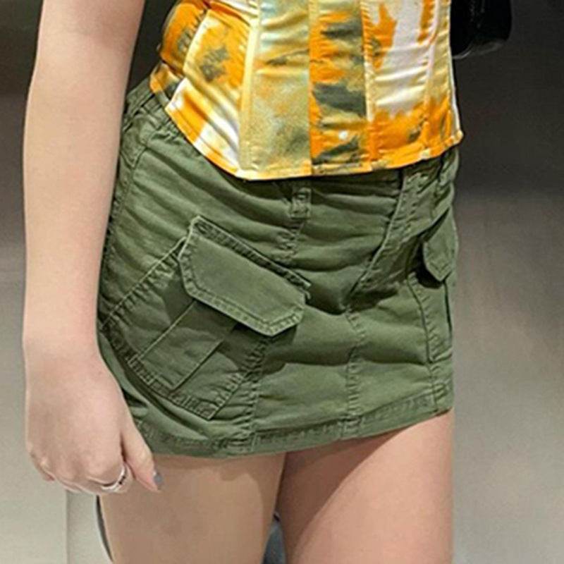 Simple Tooling Style Pocket Army Green Woven Hot Girl A- Line Mini Hip Cargo Skirt Summer - Velora