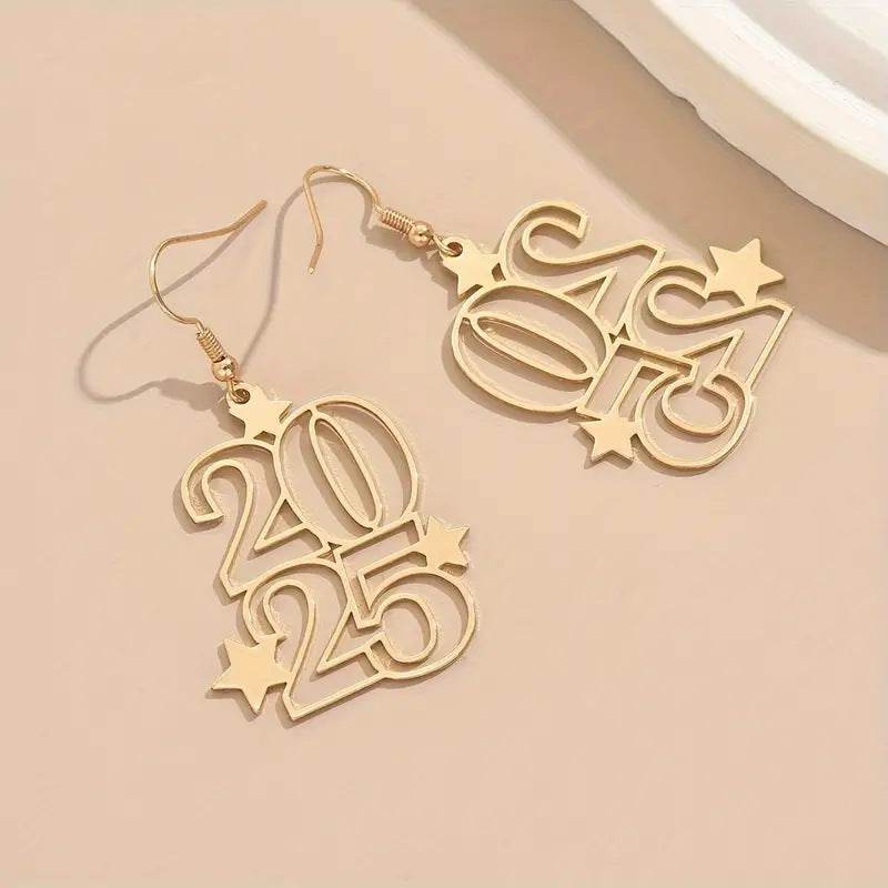 New Creative Gloden Number 2025 Dangle Earrings For Women Fashion Jewelry New Year Earring For Party - Velora
