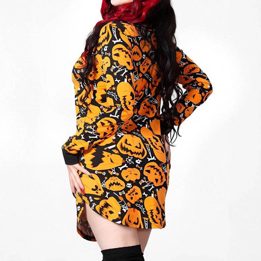 Halloween Printed Round Neck Long Sleeve Plus Size Dress - Velora