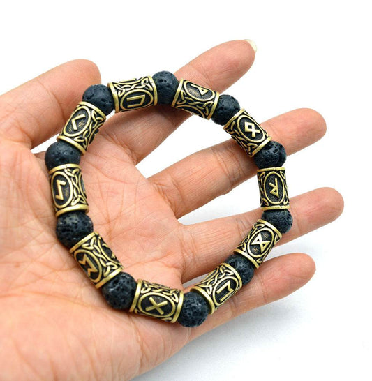 Asgard Crafted Silver Rune And Black Lava Stone Bracelet - Velora