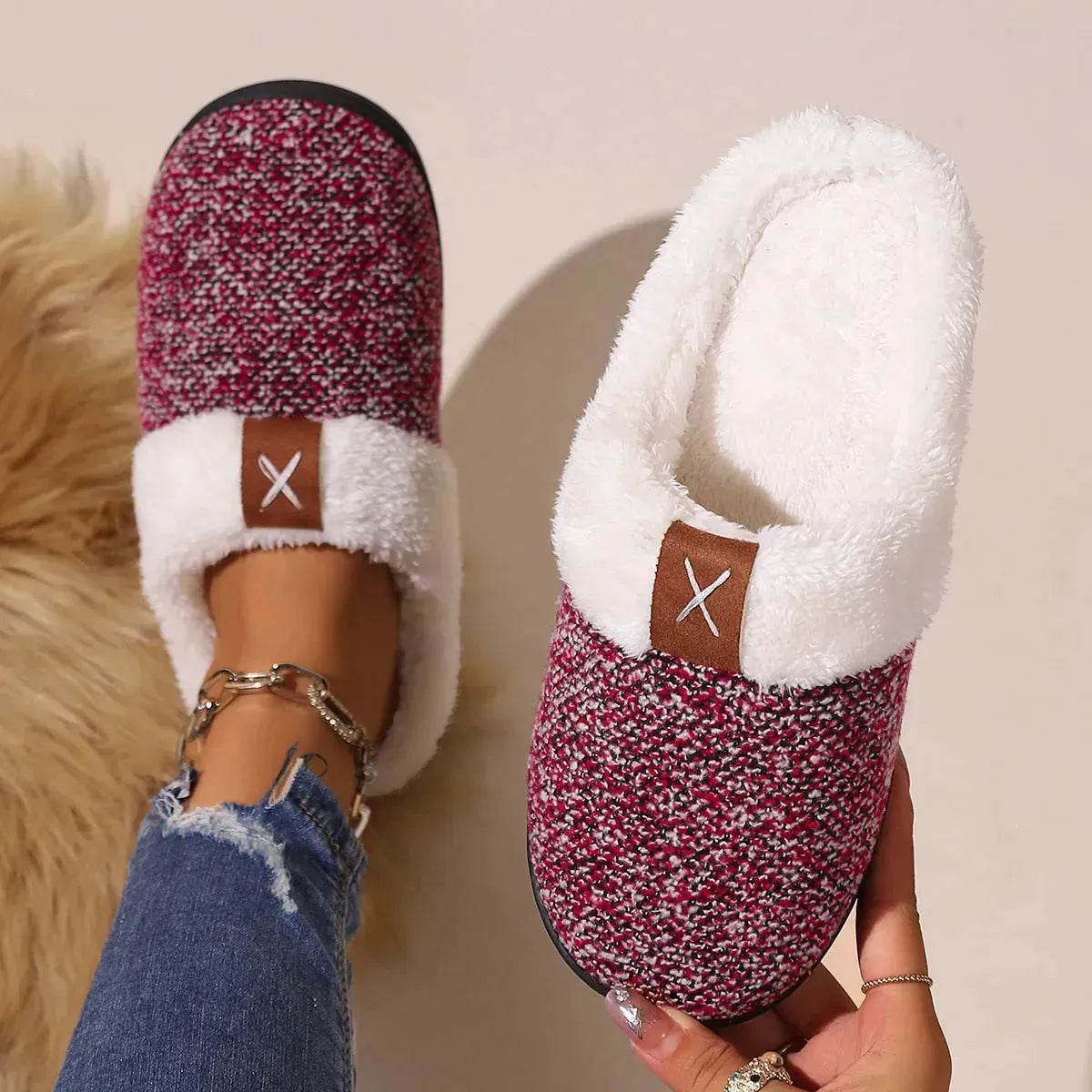 Winter Plush Slippers Fashion Thick Bottom Warm House Shoes For Women Men Indoor Bedroom Floor Slipper - Velora