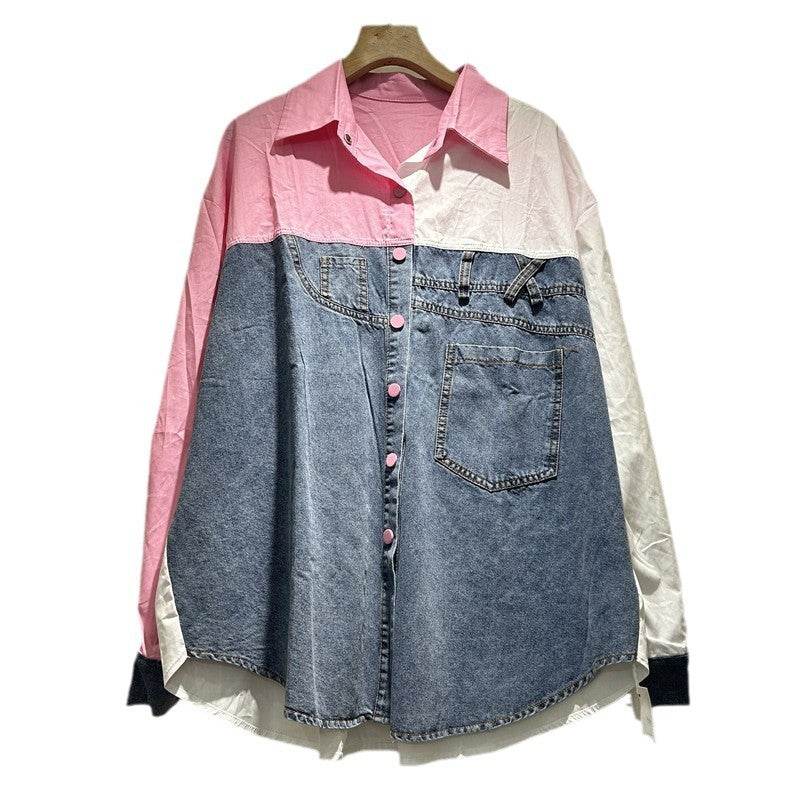 High-grade Contrast Color Patchwork Cotton Denim Long Sleeve Loose Shirt Women - Velora