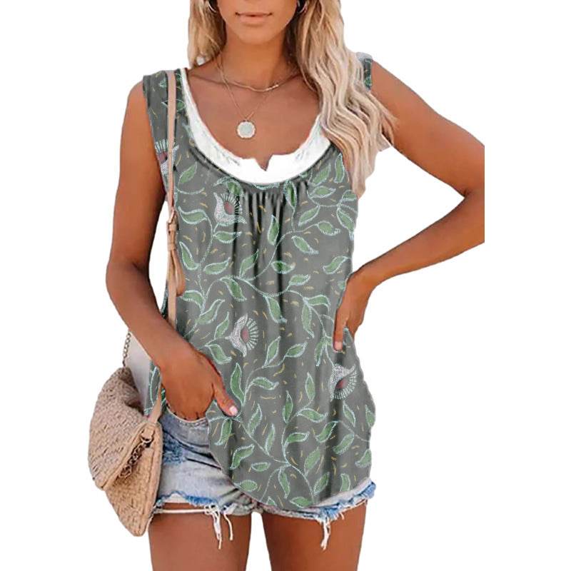 Casual Spring And Summer Tops Printed Sleeveless Pleating Vest T-shirt For Women - Velora