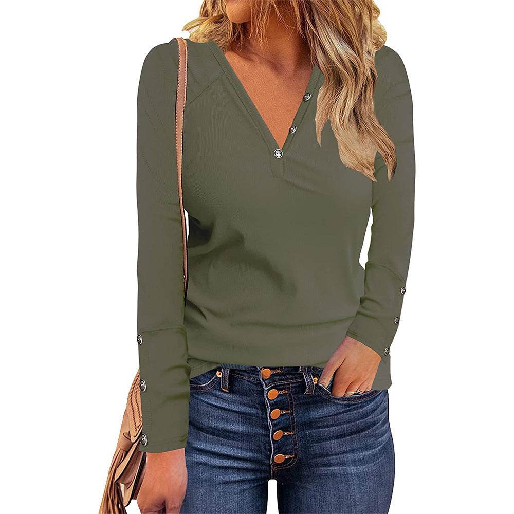 Button V-neck Versatile Long-sleeved T-shirt - Velora