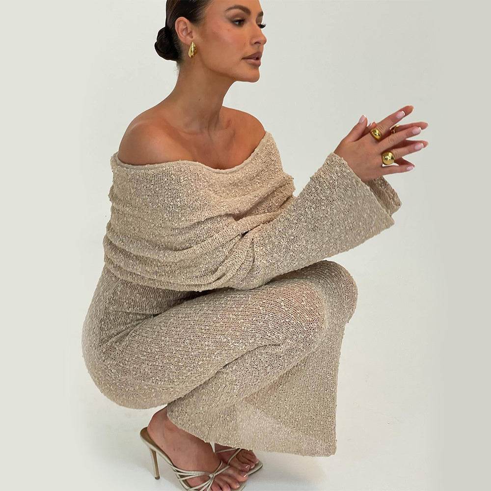 New One-shoulder Knitted Long-sleeved Dress Sexy Beach Holiday Long Dresses Womens Clothing - Velora