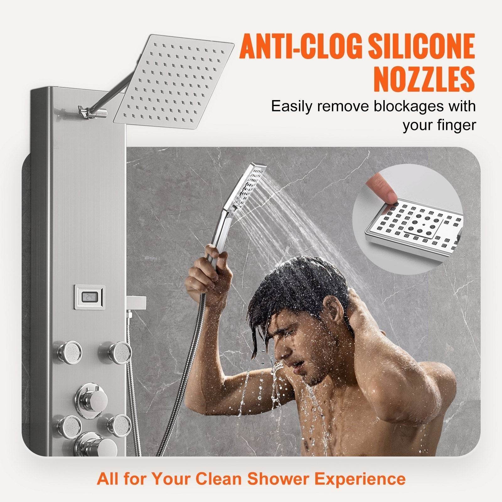 Shower Panel System, 5 Shower Modes, Digital Display Shower Panel Tower, Rainfall, 8 Massage Jets, Tub Spout, 3-Setting Handheld Shower Head 59 Hose, Stainless Steel Wall-Mounted Shower Set - Velora
