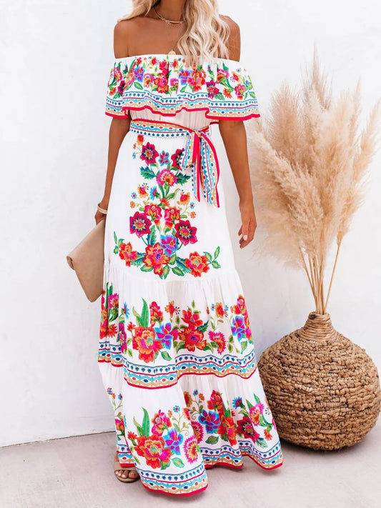 Floral Off Shoulder Ruffle Maxi Dress - Velora