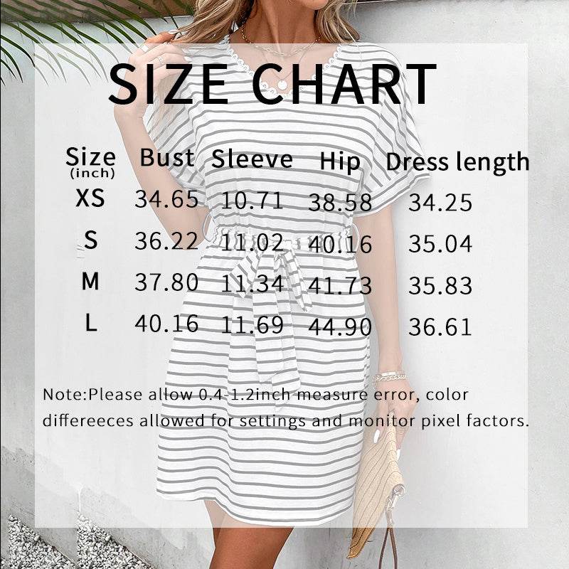 Womens Summer Short Sleeve Casual Striped Mini Tie Belt Dress - Velora