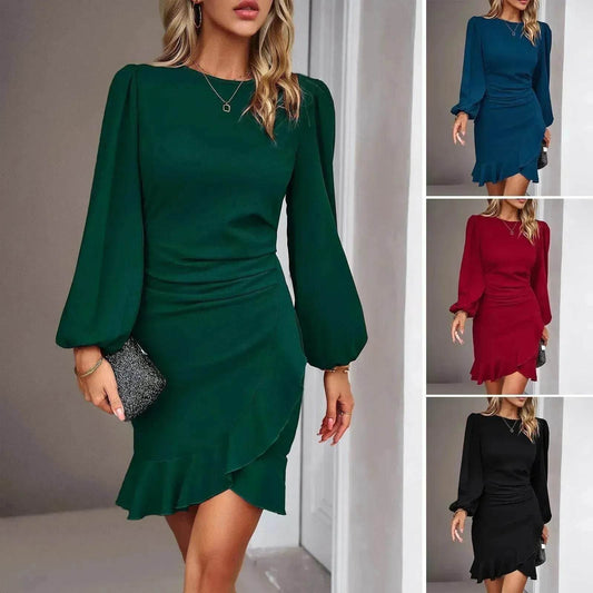 Women's Puff Long Sleeve Fashion Solid Color Bodycon Formal Dress Women Clothing - Velora