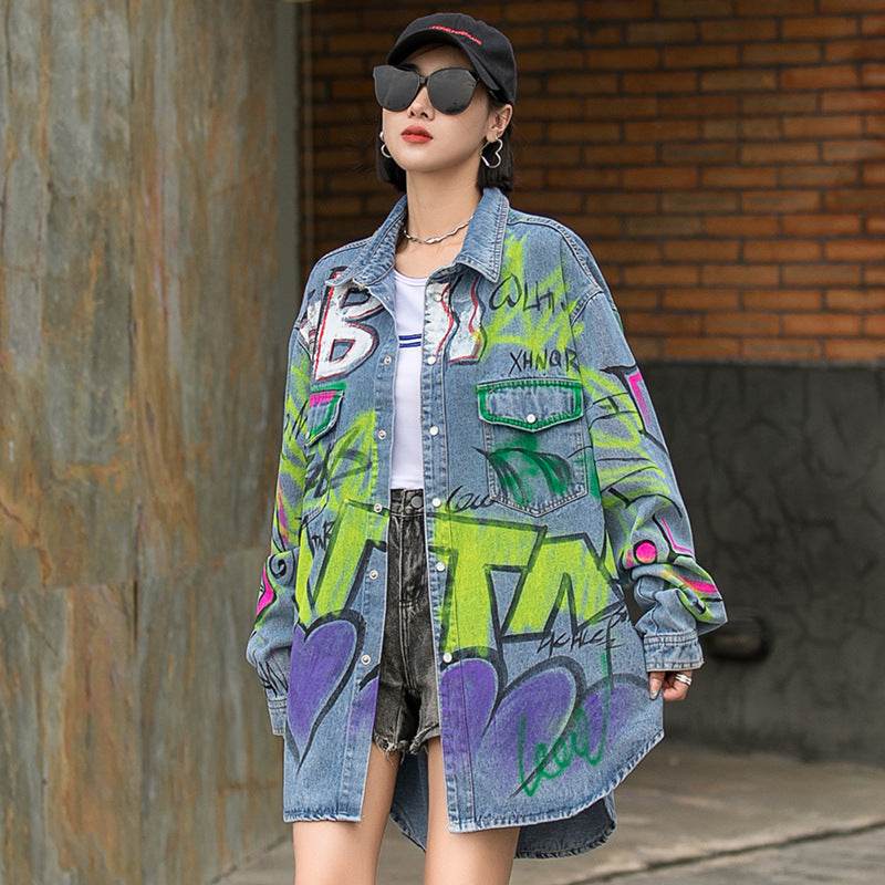 Oversized Graffiti Print Denim Jacket Women Loose Fried Street fashion - Velora