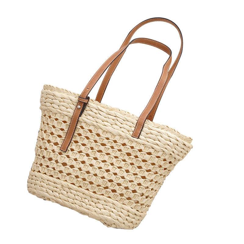 Large Capacity Fashion Urban Simple White Khaki Straw Braided shopper Beach Bag - Velora