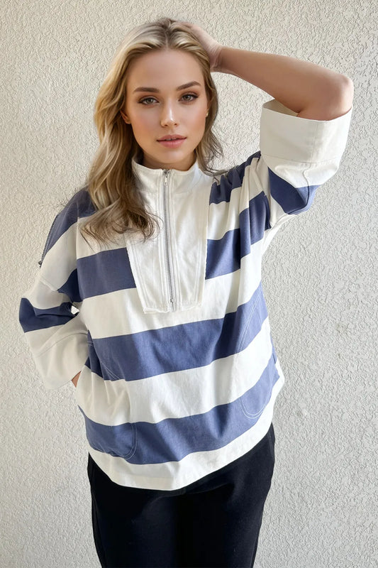 Oh Pima Cotton Wash Striped Half Zip Mock Neck Long Sleeve Top - Velora