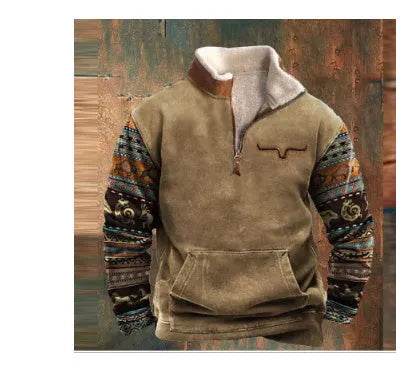 Long Sleeved Half Zippered Printed Casual Pocket Pullover Half Zipper Sweatshirt - Velora