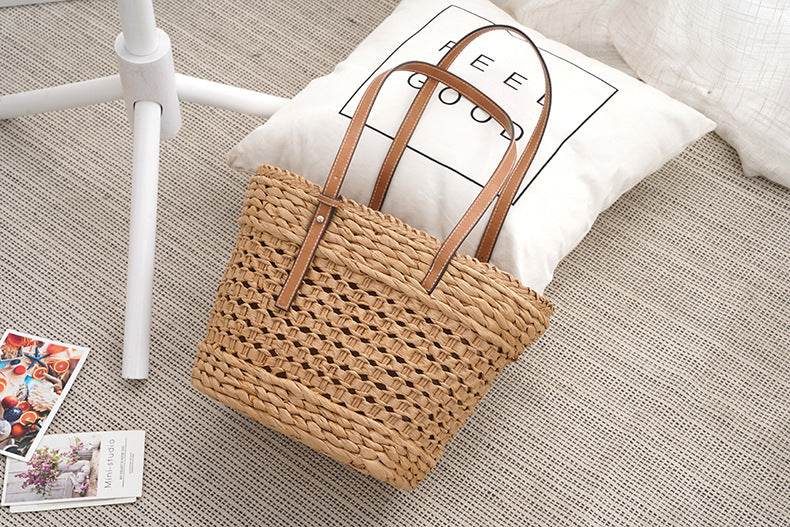 Large Capacity Fashion Urban Simple White Khaki Straw Braided shopper Beach Bag - Velora