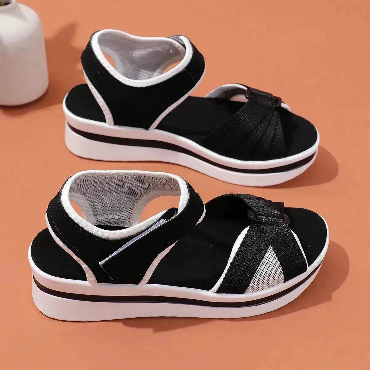 Summer Mesh Chunky Cross-strap Platform Sandals With Velcro-design Thick Sole Flats Beach Shoes Women - Velora