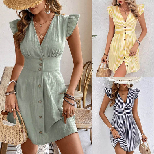 Summer V-neck Single-breasted Fly-sleeve Women's Shirt Dresses With Elegant Splicing Stripe Printing Beach Style Dress - Velora