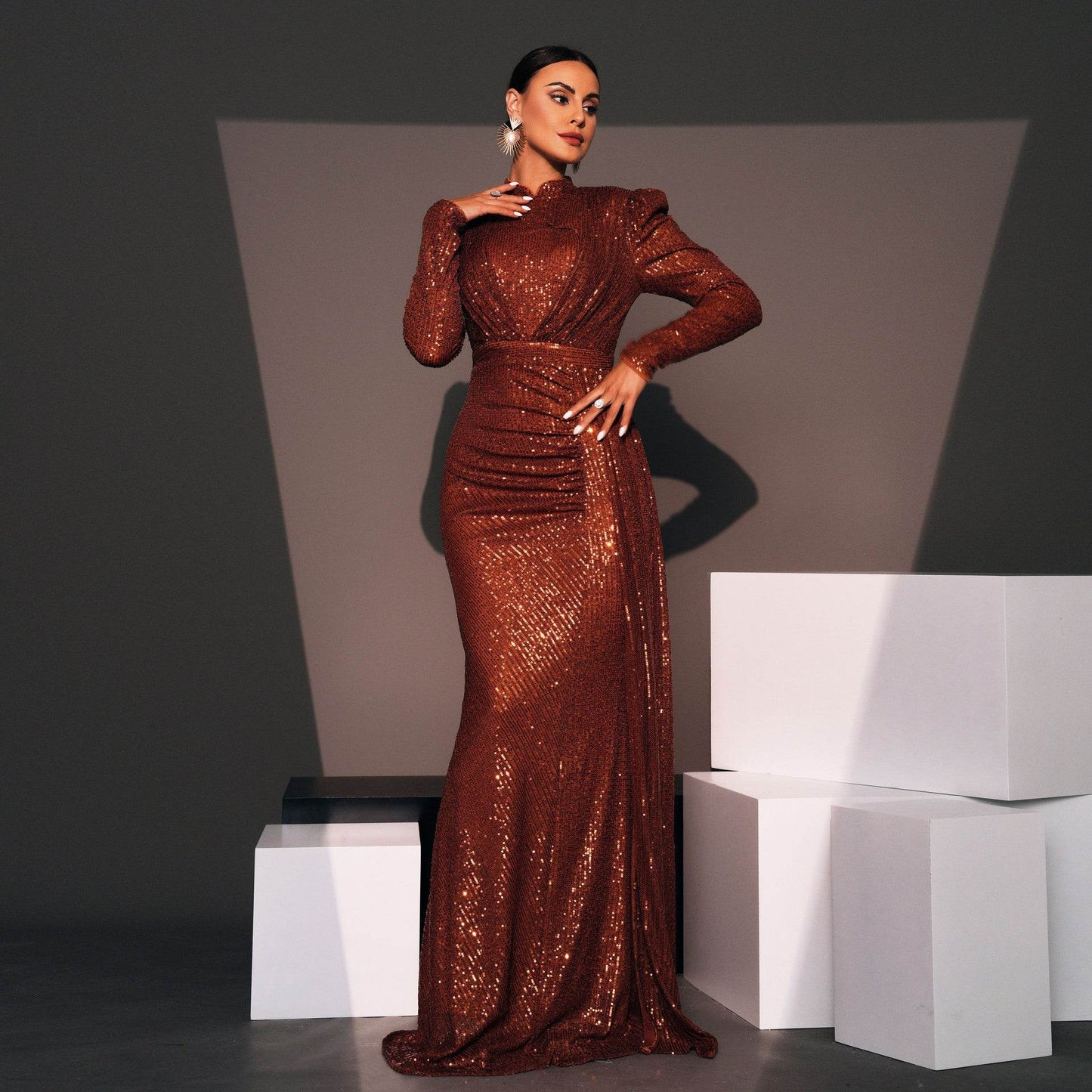 Long Sleeve Round Neck Slim Long Sequined Banquet Dress - Velora