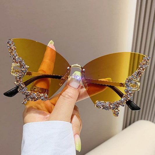 Luxury Diamond Butterfly Sunglasses Women Brand Y2K Vintage Rimless Oversized Sun Glasses Ladies Eyewear Shades - Velora