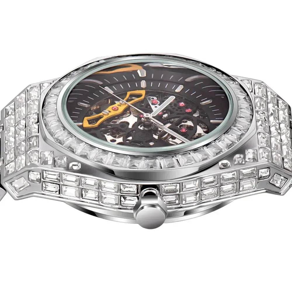 Hip Hop Full Square Diamond Luminous Hollow Mechanical Watch - Velora