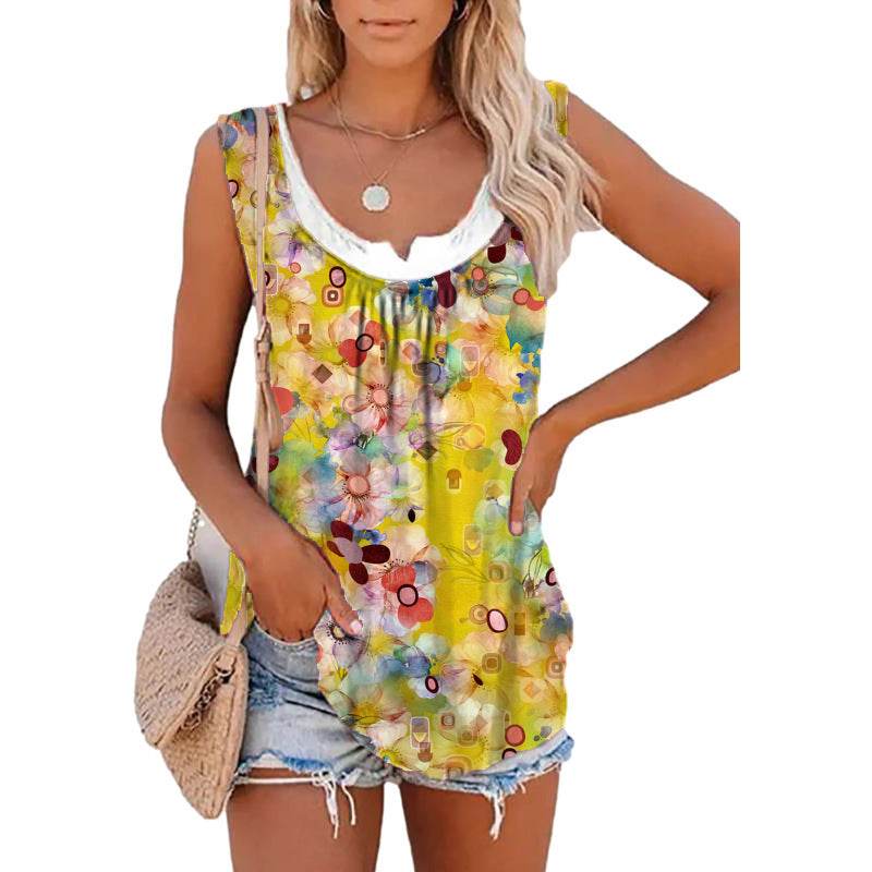 Casual Spring And Summer Tops Printed Sleeveless Pleating Vest T-shirt For Women - Velora