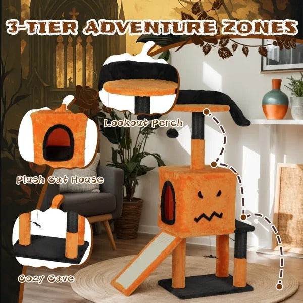 39.4 Halloween Cat Tree, Cat Tower Cat Tree For Indoor Cats With Spacious Cat Condo, Sisal Scratching Posts, Hanging Toys, Orange Black - Velora