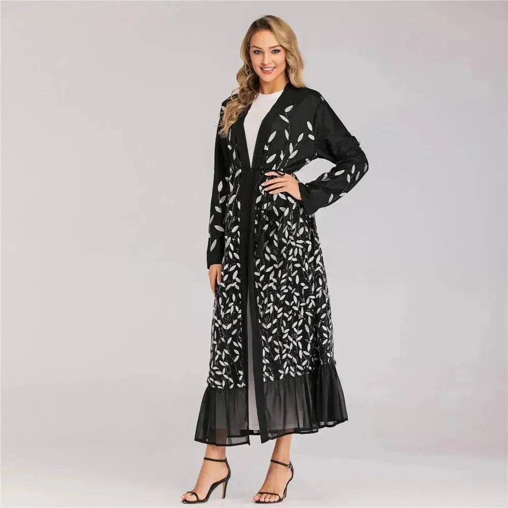 Champagne Sequined Abaya Dress for Dubai Turkey Women Dubai Abaya Kimono - Velora