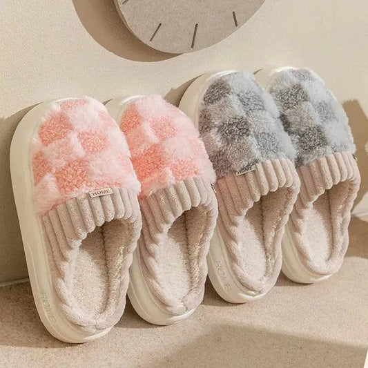 Plaid Plush Slippers Women's Indoor Plush Home Slippers Soft Sole Thick Non-Slip Warm House Shoes Couple Autumn And Winter - Velora