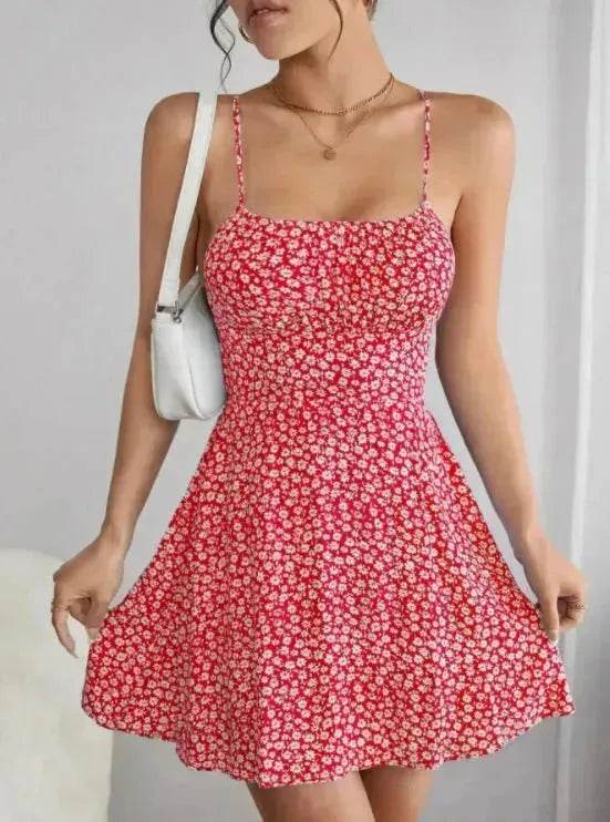 Women Fashion Printed Casual Spaghetti Strap Backless Mini Skater Dress - Velora