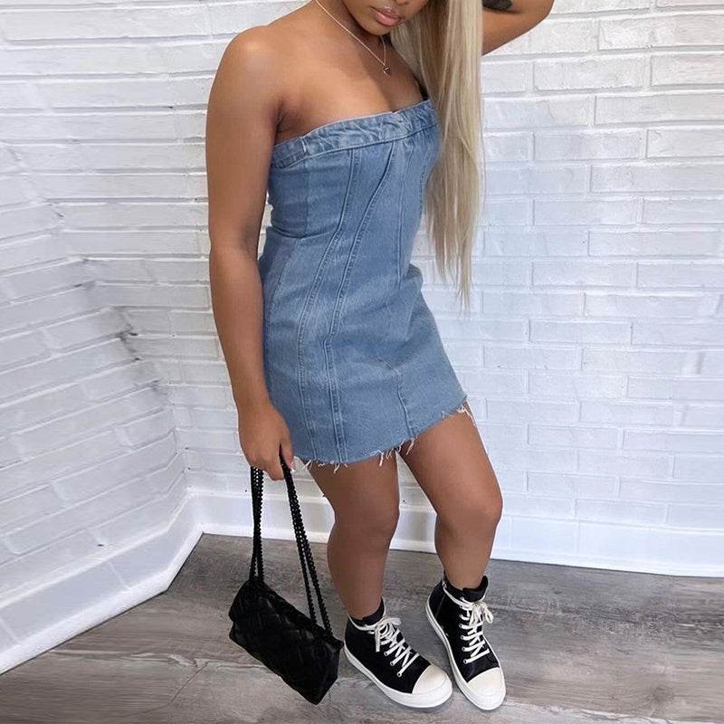 Fashion Backless Tube Denim Dress Summer Sexy Y2K Slim Short Dresses For Women Clothing - Velora