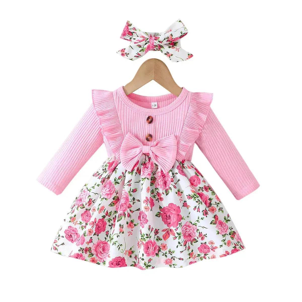 Newborn baby girl Winter floral Printed Bow Dress Suit Baby girl Dress outwear for girls plus head bowtie Baby girl pink dress