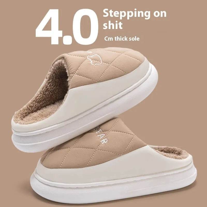 Rhombic Sewing Plush Slippers For Men Winter Warm Non-slip House Shoes Women's Bedroom Floor Home Slipper Couple - Velora