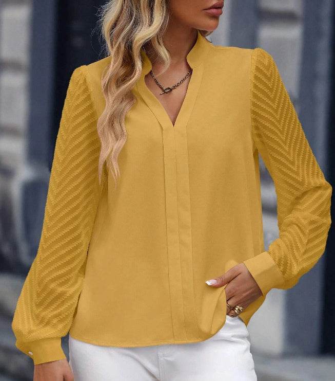 V-neck Long-sleeved Chiffon Shirt Lace Stitching Solid Color Tops Women Clothing - Velora