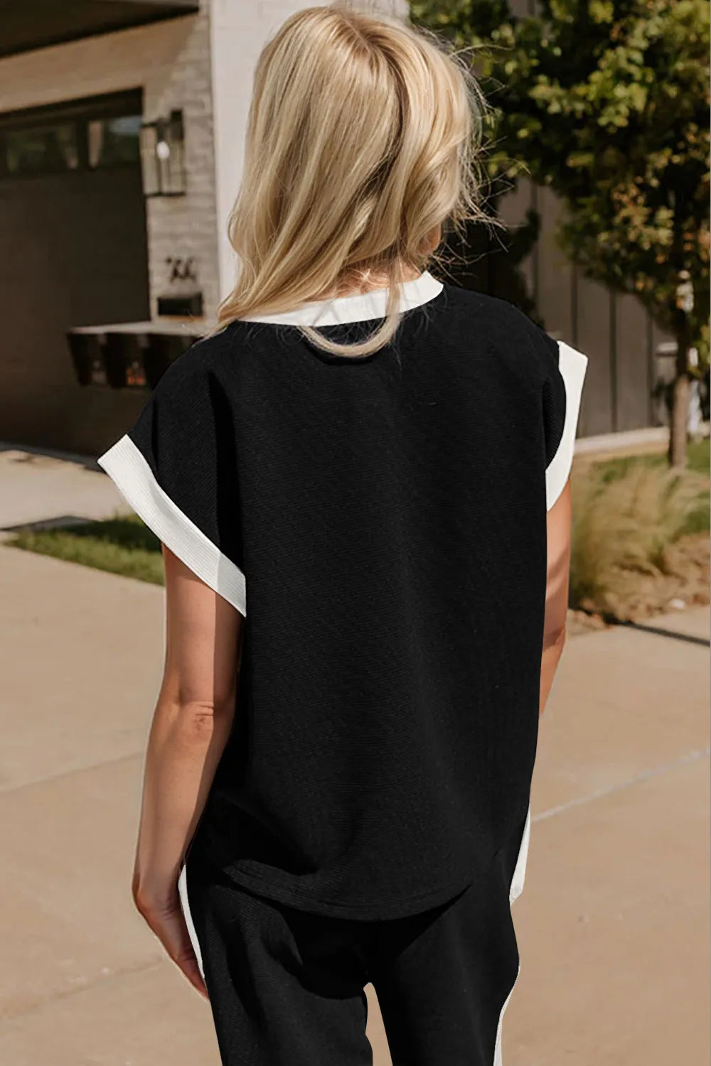 Oh Texture Contrast Trim Round Neck Cap Sleeve Top and Pants Set - Velora